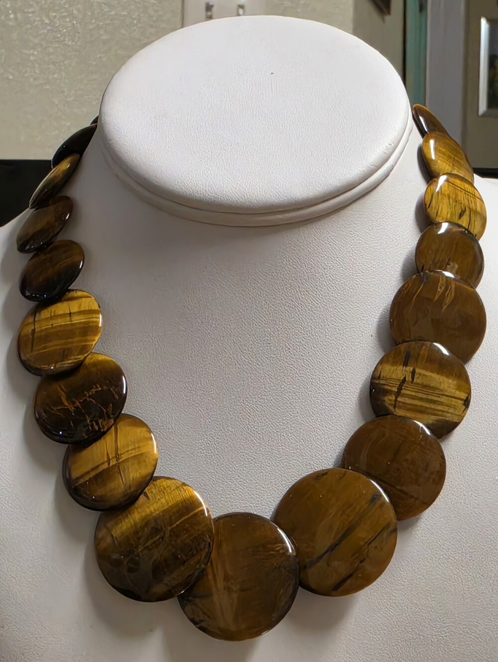 Sterling Silver 925 Tiger Eye Graduated  Disc Statement Necklace